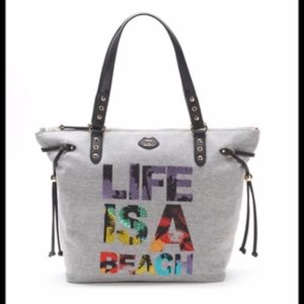Juicy Couture “Life Is A Beach” Sequin Tote Bag | Large Gray Shoulder Bag NWT